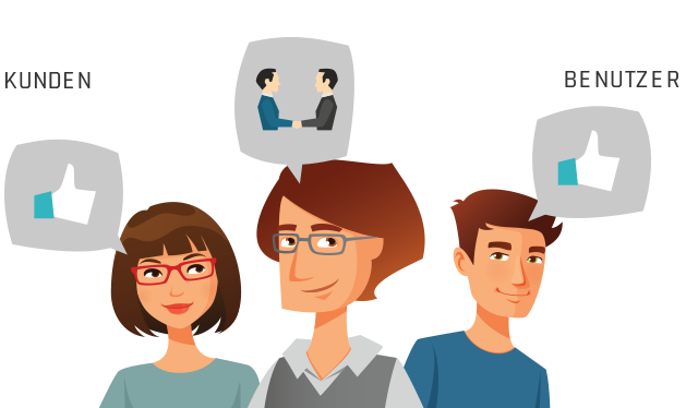 Illustration: Kunden und Benutzer geben positives Feedback, in der Mitte ein Händedruck als Symbol für Verständigung